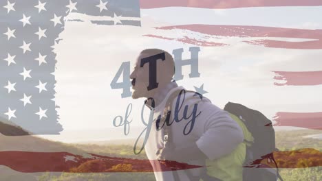 animation of independence day text over african american man hiking