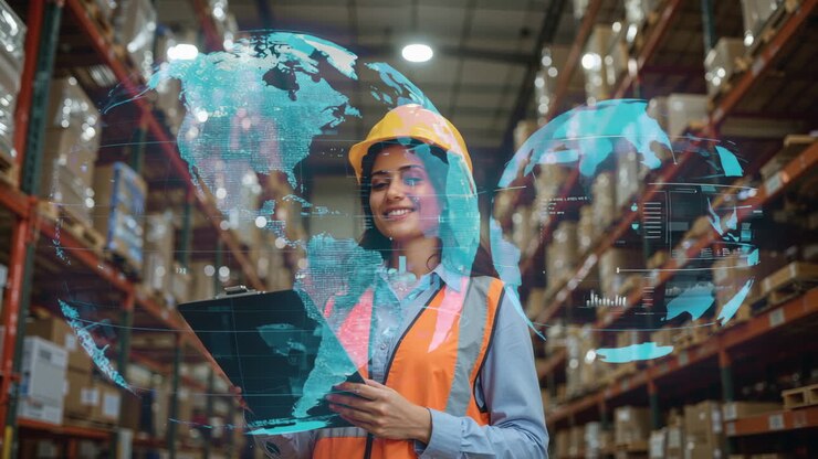 Woman managing global logistics in a smart warehouse