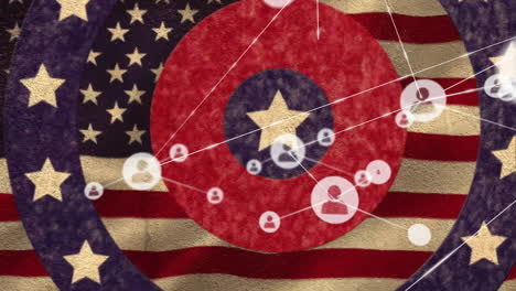 animation of network of connections with icons and flag of usa