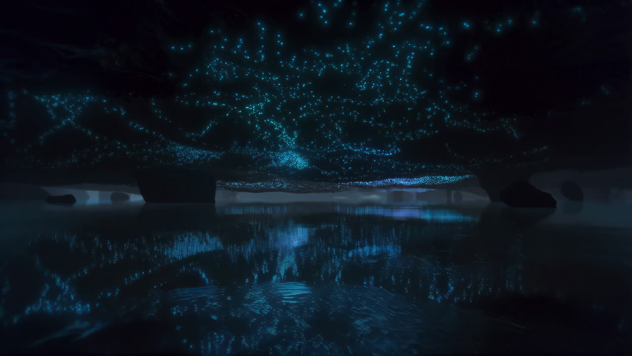 Bioluminescent Glowworms Reflecting on Water in a Dark Cave