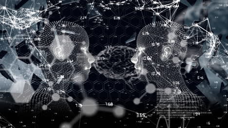 animation of data processing with network of connections and digital heads over black background