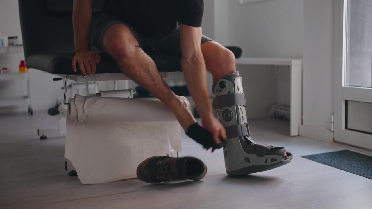 Man Removing Shoe and Sock While Wearing Orthopedic Walking Boot