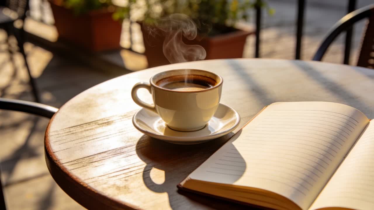 Vapor subindo de uma bebida quente, ondulando para cima em uma mesa de café, xícara no pires, caderno pautado aberto.