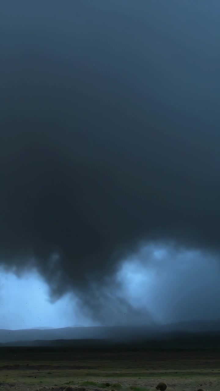 Video verticale: Nube a imbuto rotante sotto una nube a muro che si abbassa su una pianura, sollevando polvere e pioggia