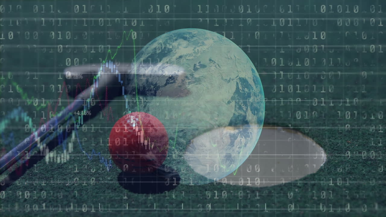 Red golf ball rolling toward white cup hole on green surface, binary charts streaming over globe