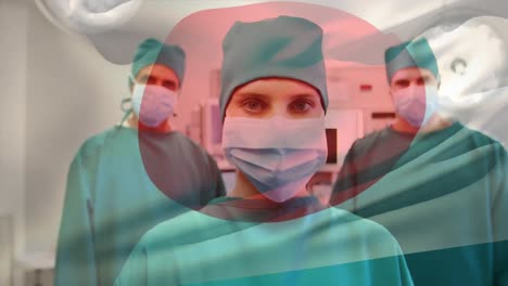 animación de la bandera de japón sobre varios médicos con máscaras faciales