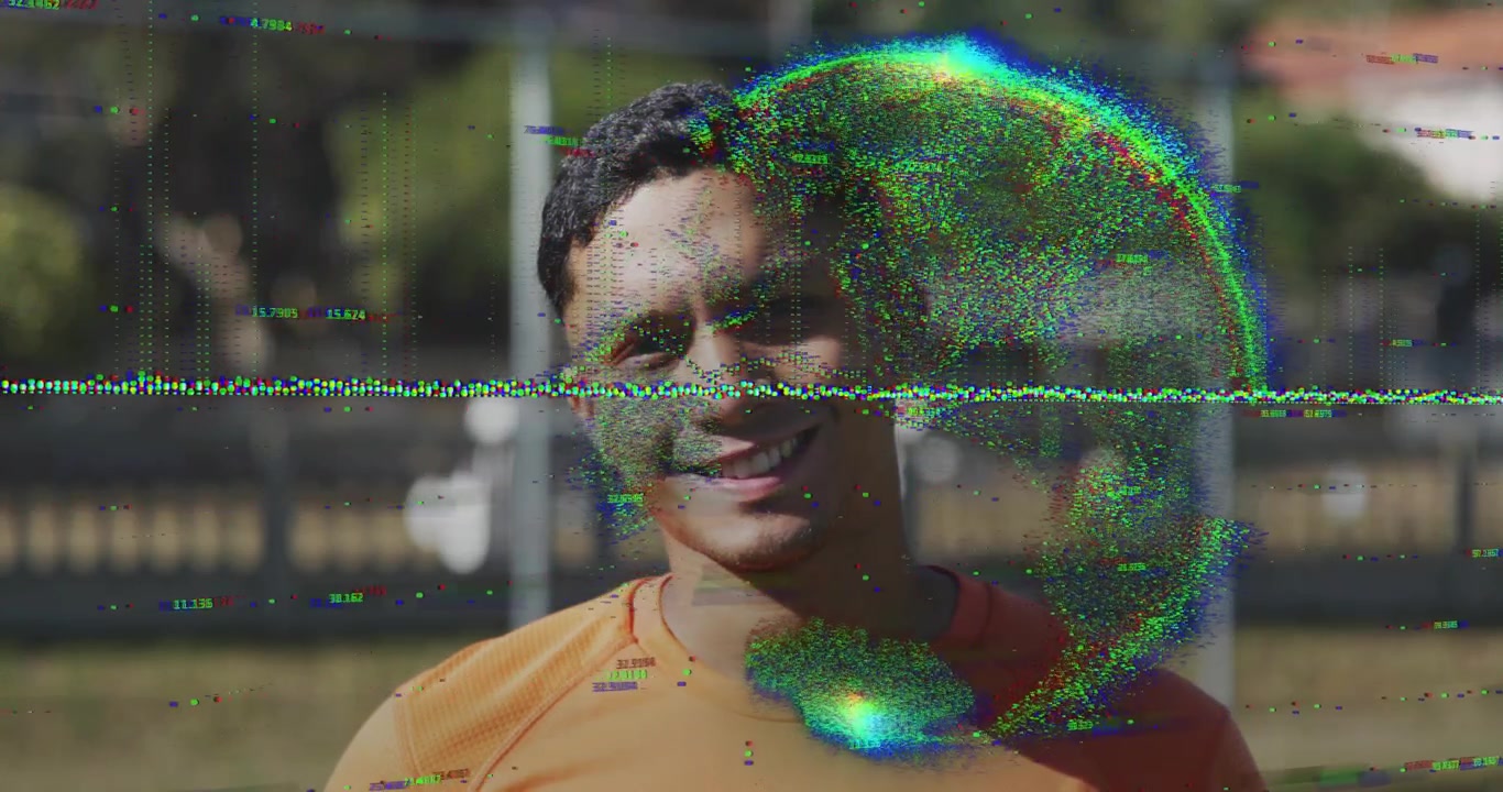Scanline and dots appearing, color crescent glitch emerging, man reacting, tilting and smiling