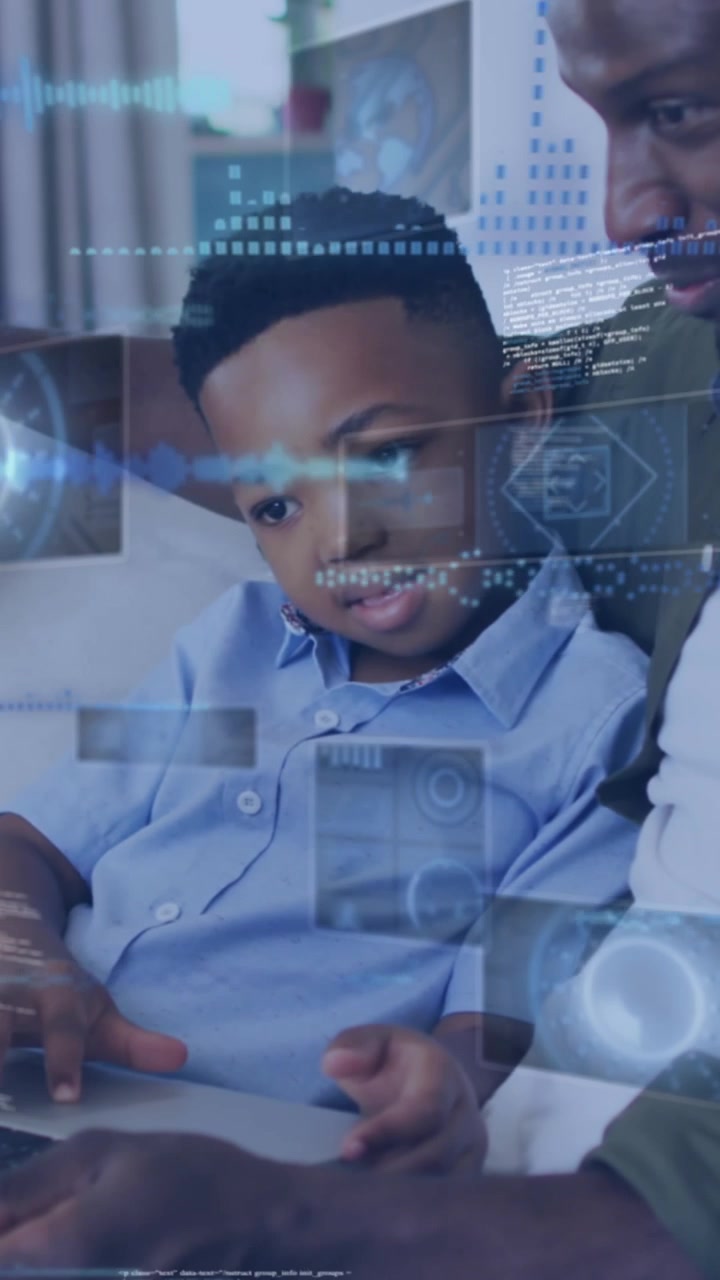 Animation of data processing against african american father and son using laptop together at home