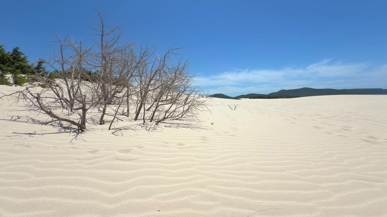 Teksturerede hvide klitter med tørre buske og fjerne bjerge skaber et slående naturlandskab i Porto Pino.