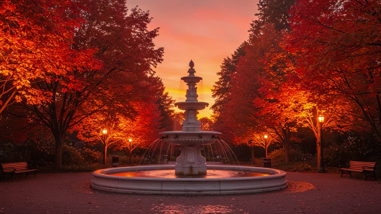 Enchanting Autumn Evening with a Majestic Fountain Surrounded by Vibrant Red and Orange Leaves Under a Stunning Sunset Sky in a Serene Park Setting