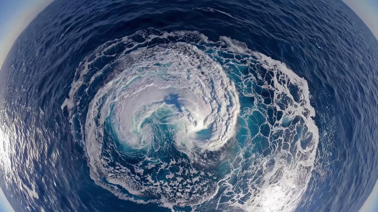 Aerial video captures a swirling ocean vortex. The fisheye lens creates a dynamic, immersive view