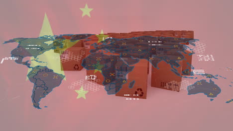 animación del mapa del mundo y la bandera de china sobre cajas sobre fondo blanco.