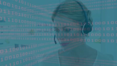 Animation-of-Caucasian-woman-wearing-headset-using-computer-over-statistics