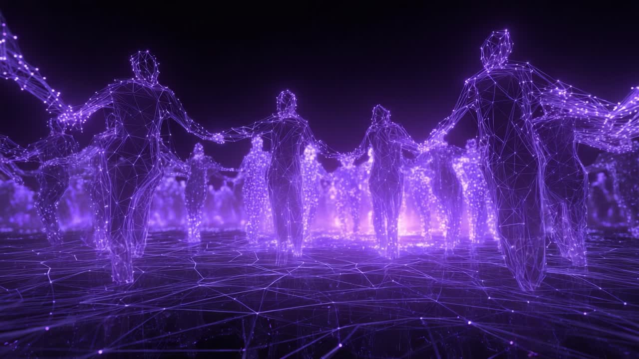 A Spectacular Visualization of Interconnectedness, Depicting a Group of Ethereal Figures Forming a Circle in a Digital Realm, Highlighting Unity and Collaboration Through a Mesmeric Web of Pulsating Light and Energy