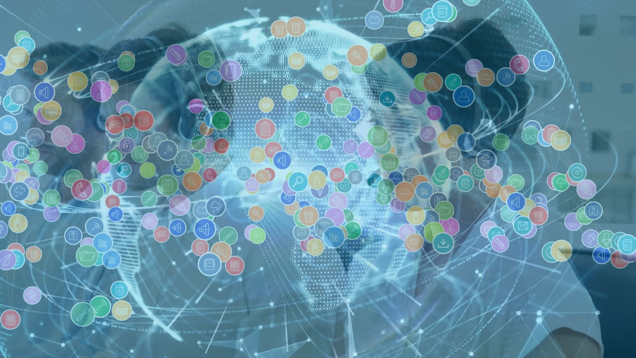 전화 헤드 ⁇ 을 사용하는 비즈니스 사람들에 대한 아이콘과 연결 네트워크의 애니메이션