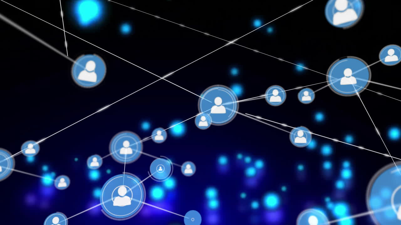 Network of user icons and connections animation over blue glowing dots