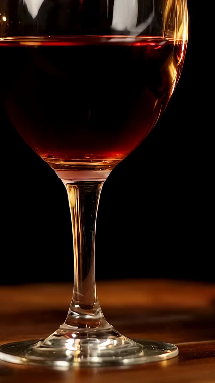Video verticale: camera che esegue una panoramica rivelando un calice di vino trasparente su un tavolo di legno, che mostra del vino rosso