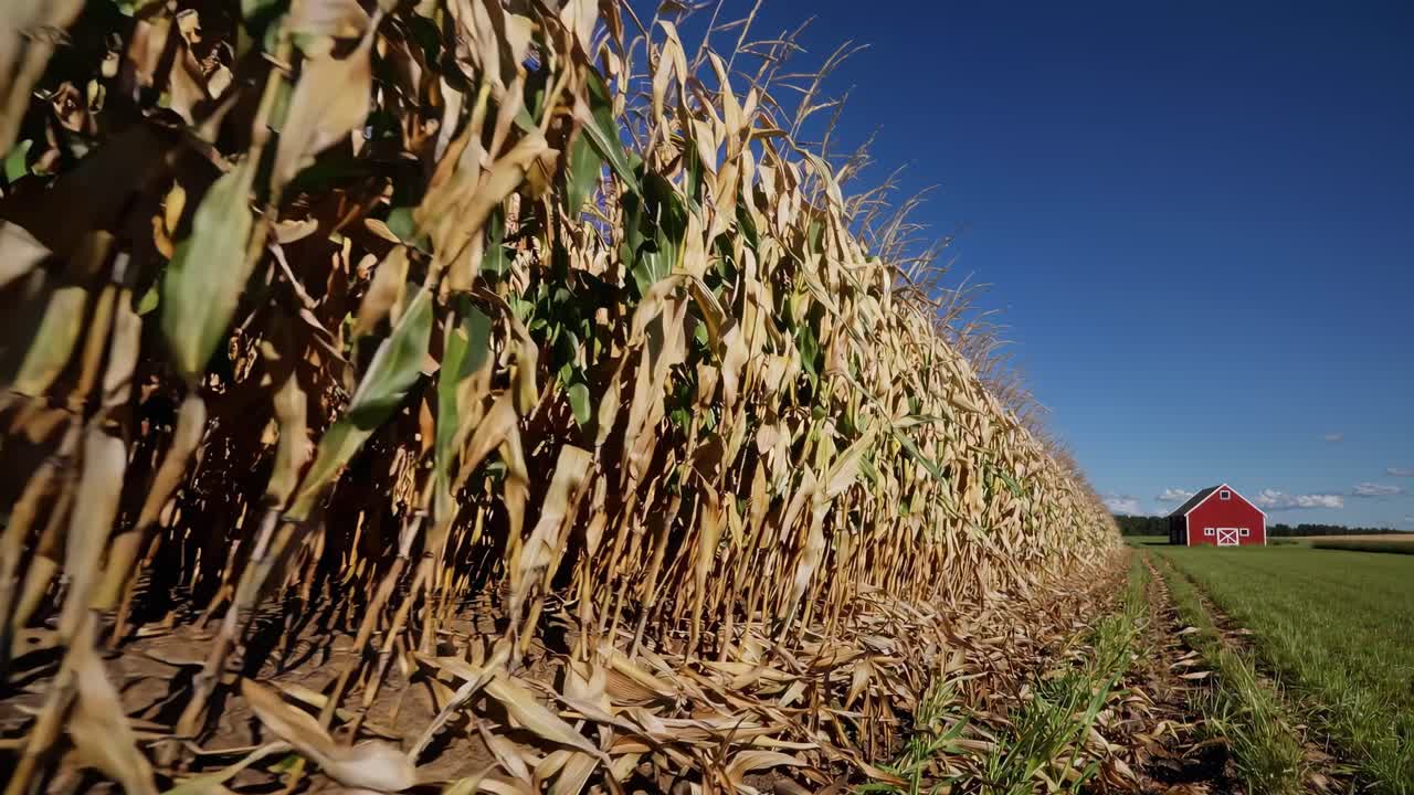 Low-angle video shot of a cornfield with a red barn in the distance under a clear blue sky