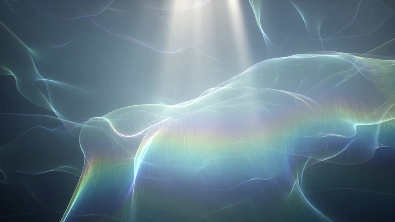 Responding to top beam brightening, translucent membrane shifting in bluish field with rainbow band