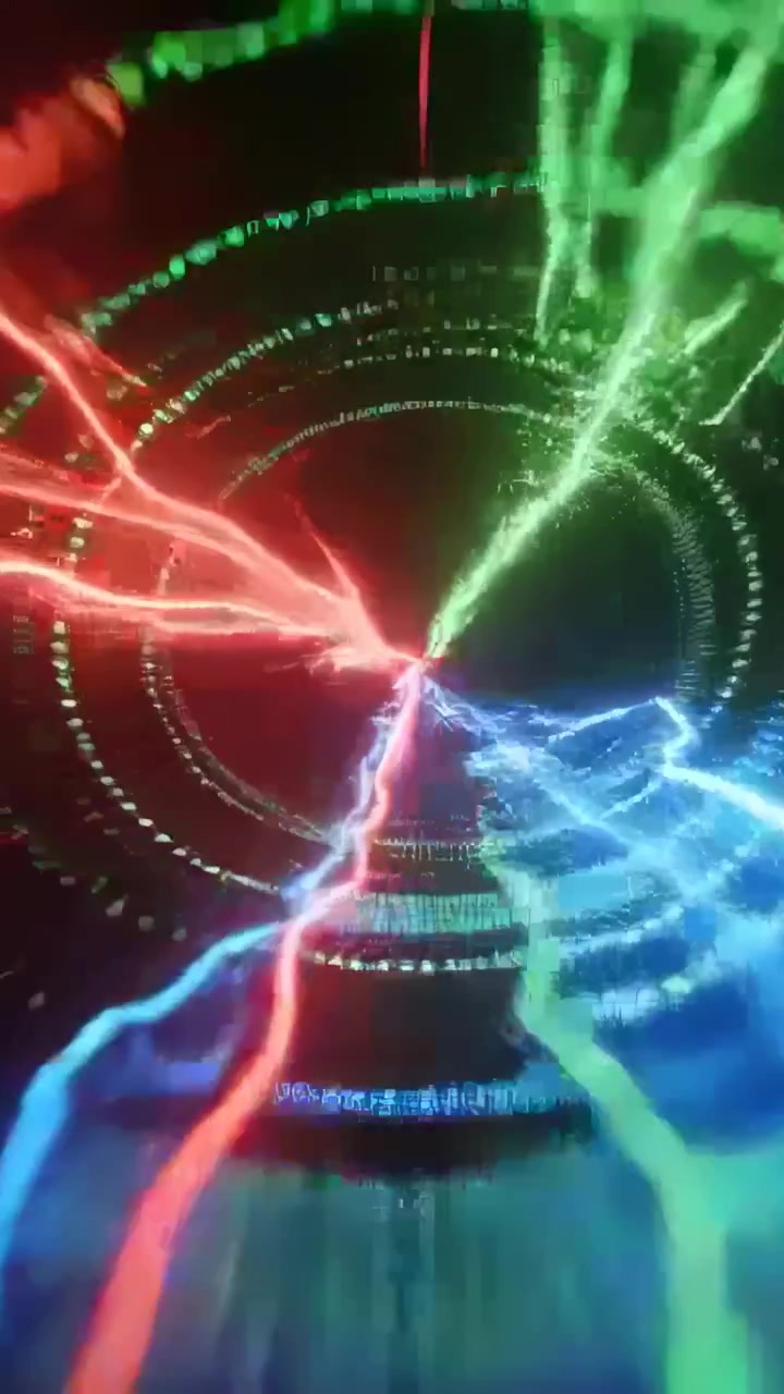 Vertikal video: Strømmende neonspor efter gnister trækker mod midten i et sort tomrum med ringe og buer.