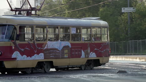 decorated tram in a city street