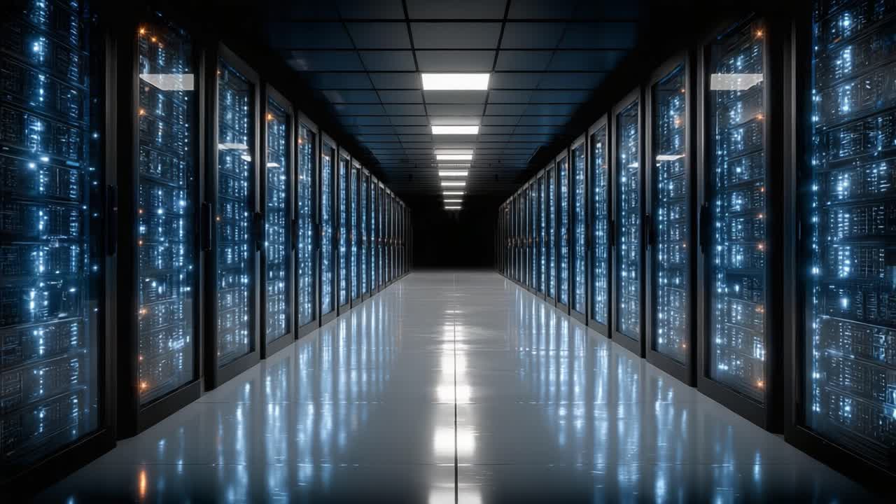 Uno Sguardo al Cuore della Tecnologia Moderna: Un Corridoio Futuristico di Data Center Pieno di Rack Server Luminosi che Illuminano il Percorso con Energia Hi-Tech.