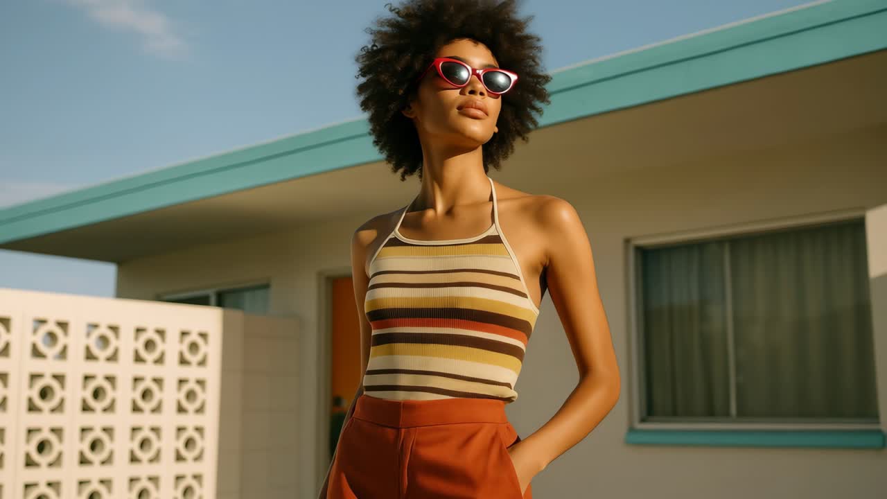 Stylish retro video concept featuring a confident woman in striped top and red sunglasses