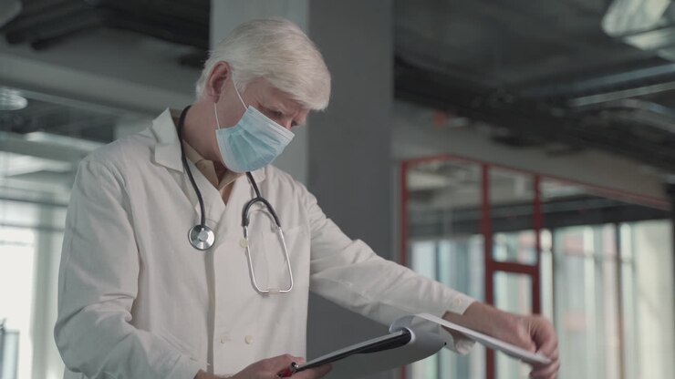 A Grey Haired, Middle Aged Doctor In A Facemask Takes Notes In A Notebook 1