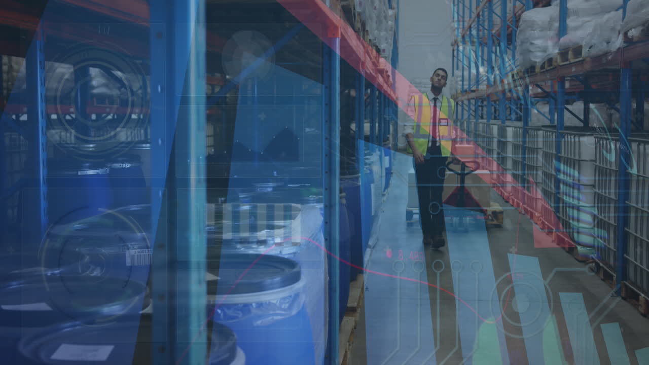 animación del procesamiento de datos financieros sobre el hombre que trabaja en el almacén