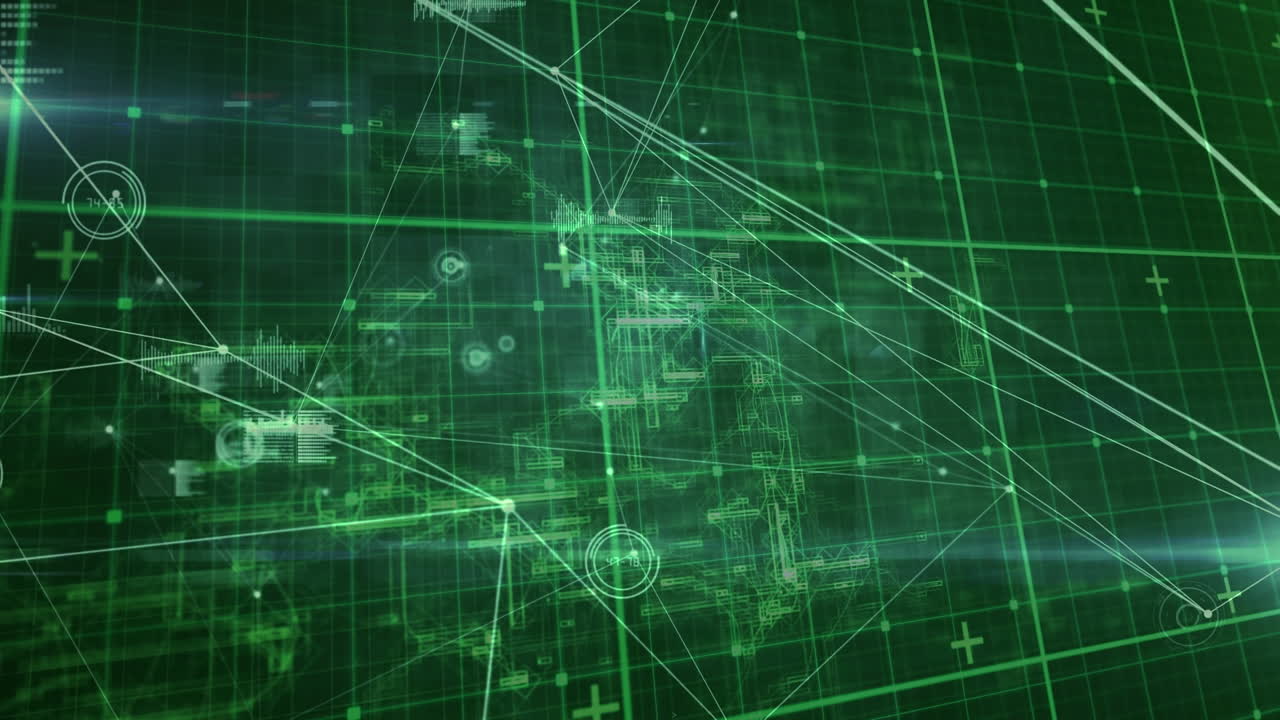 어두운 배경 위의 데이터 처리 및 연결 네트워크의 애니메이션