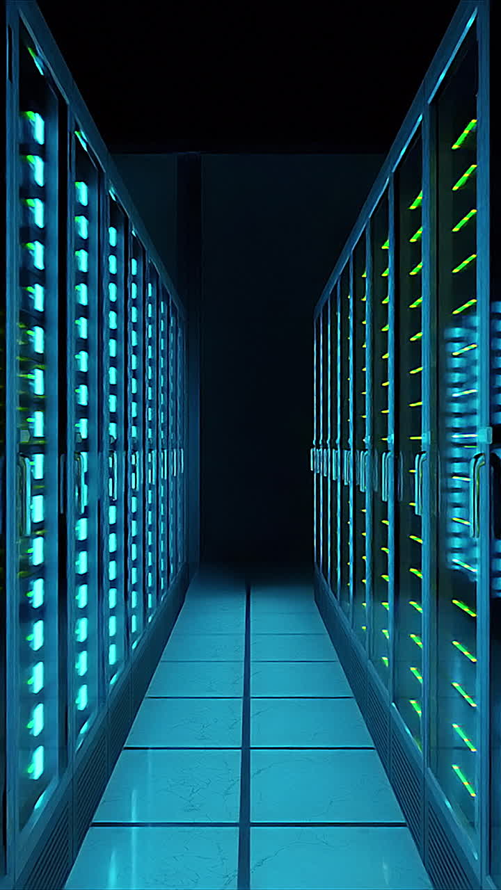Bright Glow of Server Lights at Data Center Processing Digital Information Behind Glass Doors. Vertical video 9:16 format. Ideal for social media video about AI, technology and computing