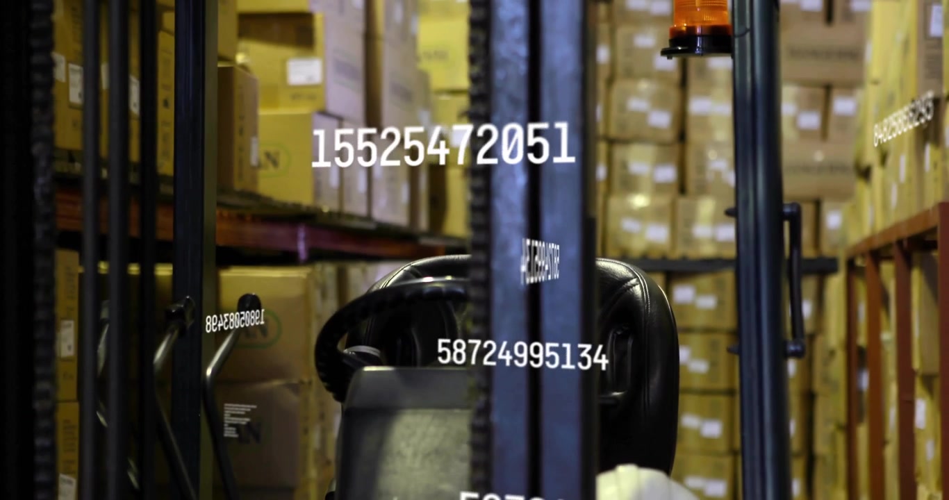 Floating numeric data initiating inventory scan, forklift moving down aisle activating amber beacon