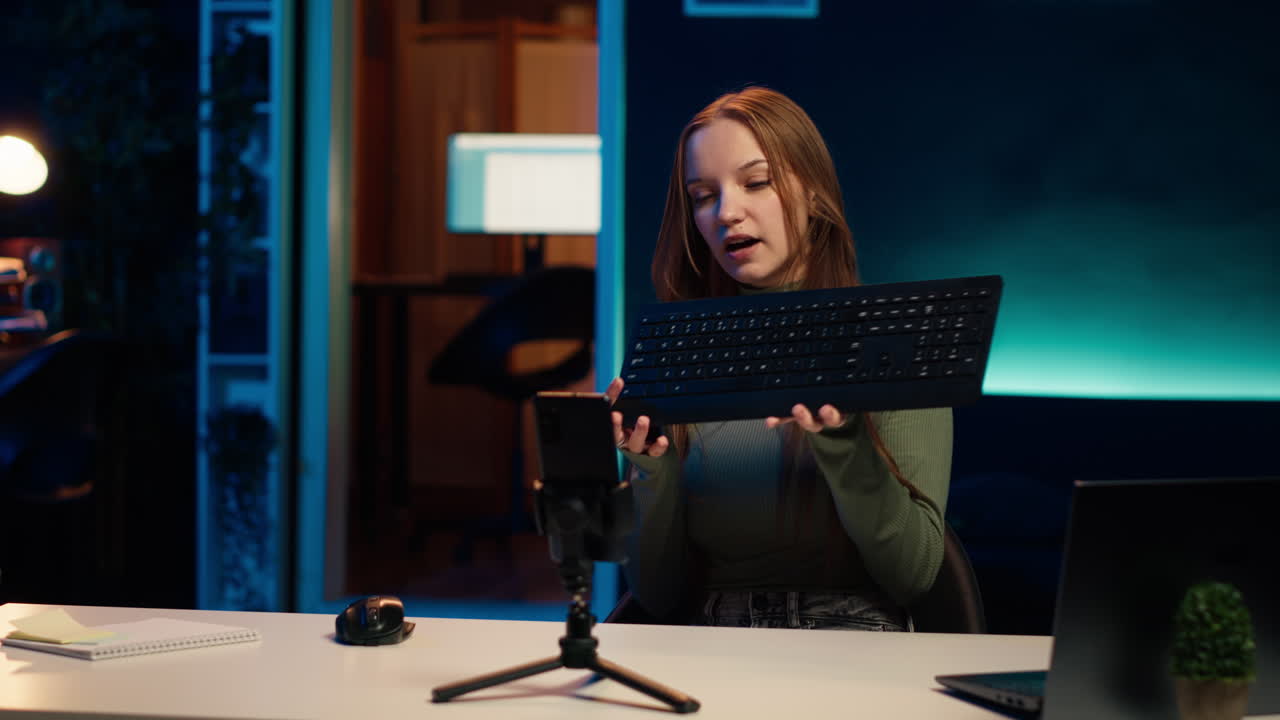 mujer presentando el teclado del video de patrocinio de la marca