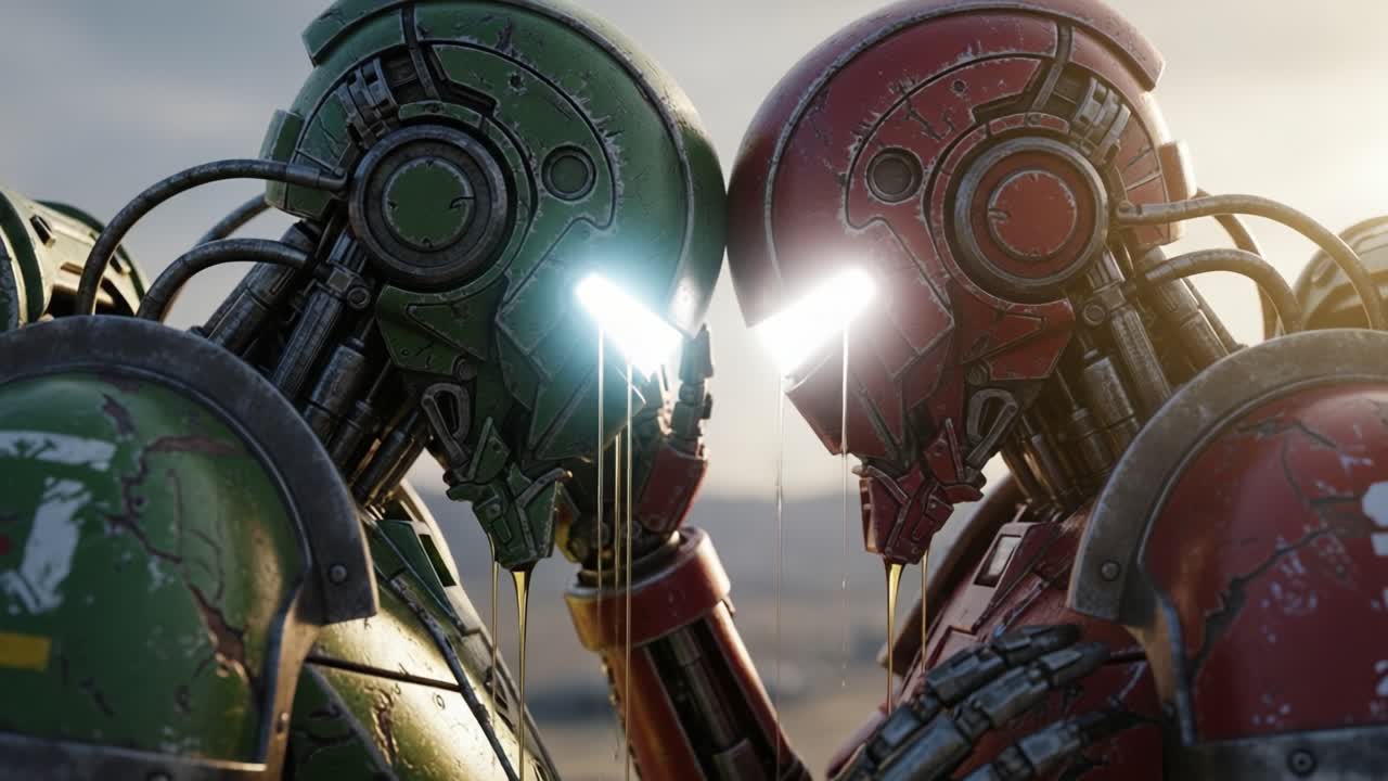 A Dramatic Showdown Between Two Futuristic Robots: Exploring Themes of Rivalry and Conflict in a Visually Stunning Sci-Fi Setting