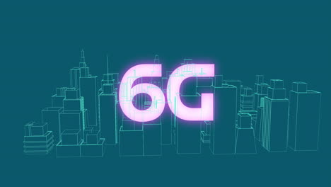 animación de texto brillante de 6g sobre un modelo de ciudad en 3d girando sobre un fondo azul