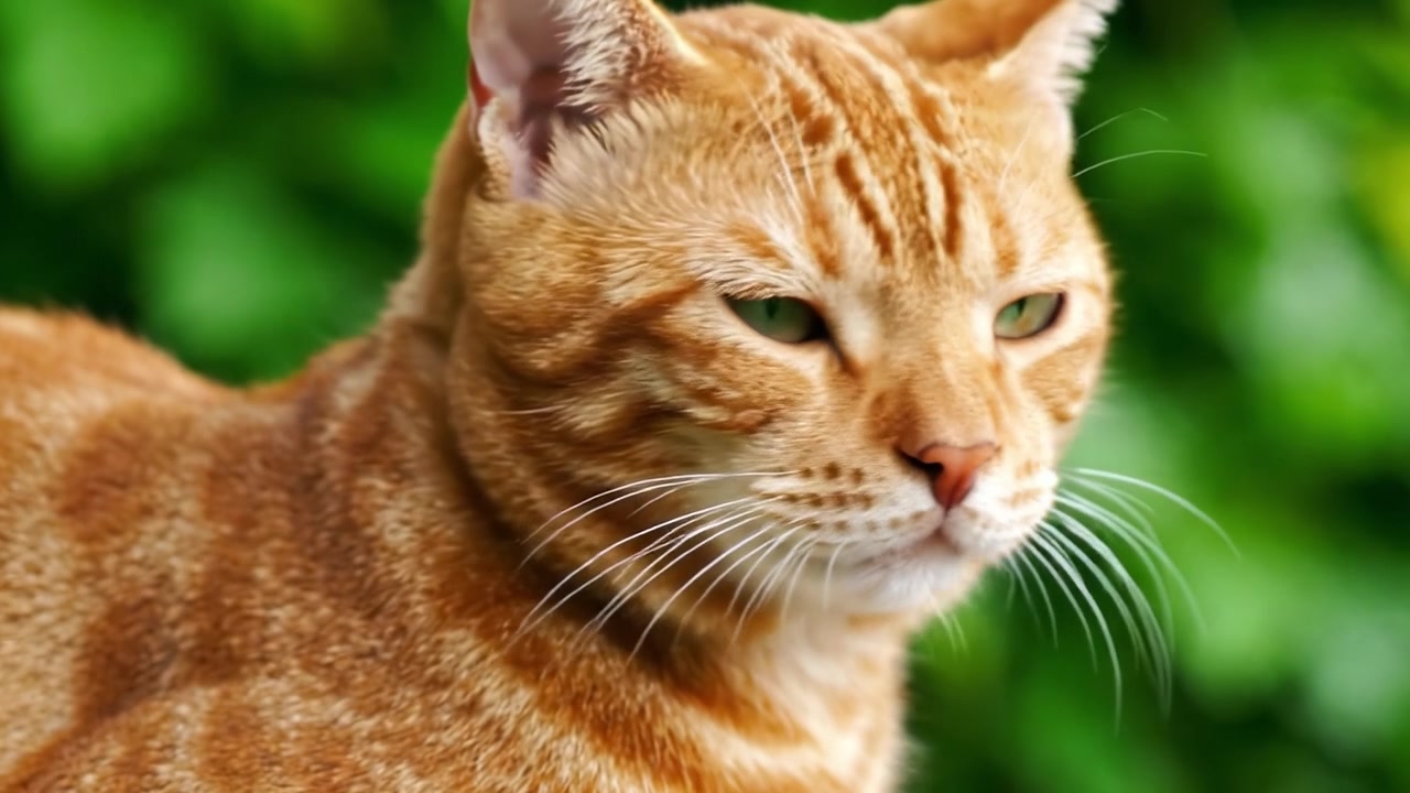Adorabile gatto rosso con occhi verdi penetranti posa su uno sfondo verde lussureggiante, catturando l'essenza della grazia e della curiosità felina in ogni scatto.