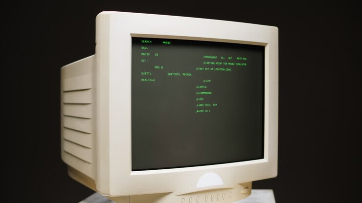 Vintage CRT-computerskærm viser tekstbaseret grænseflade.