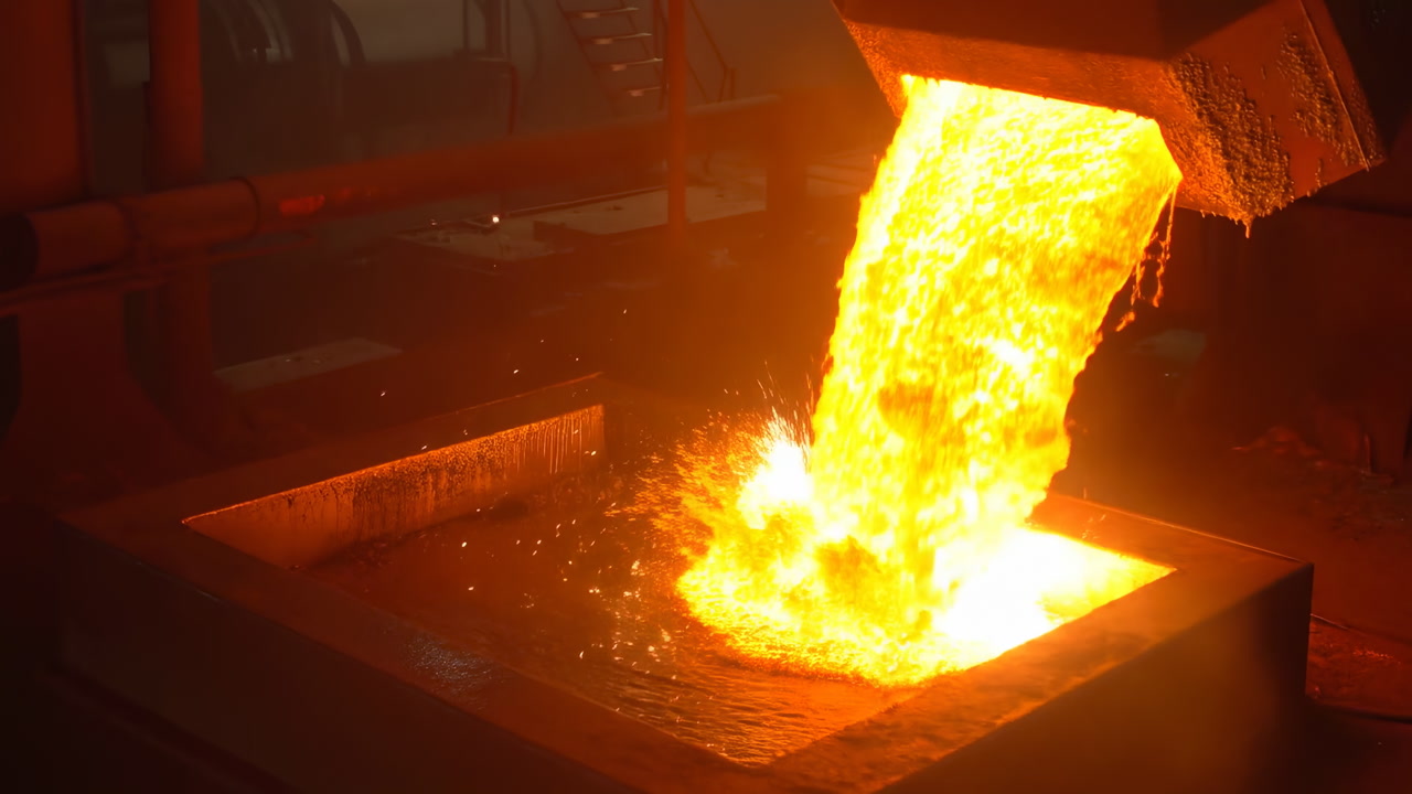 Molten Metal Pouring From Ladle Into Glowing Mold, Bright Orange Flow Splashing Sparks Across Dark Industrial