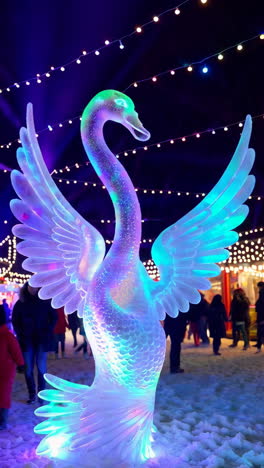 illuminated ice swan sculpture at night
