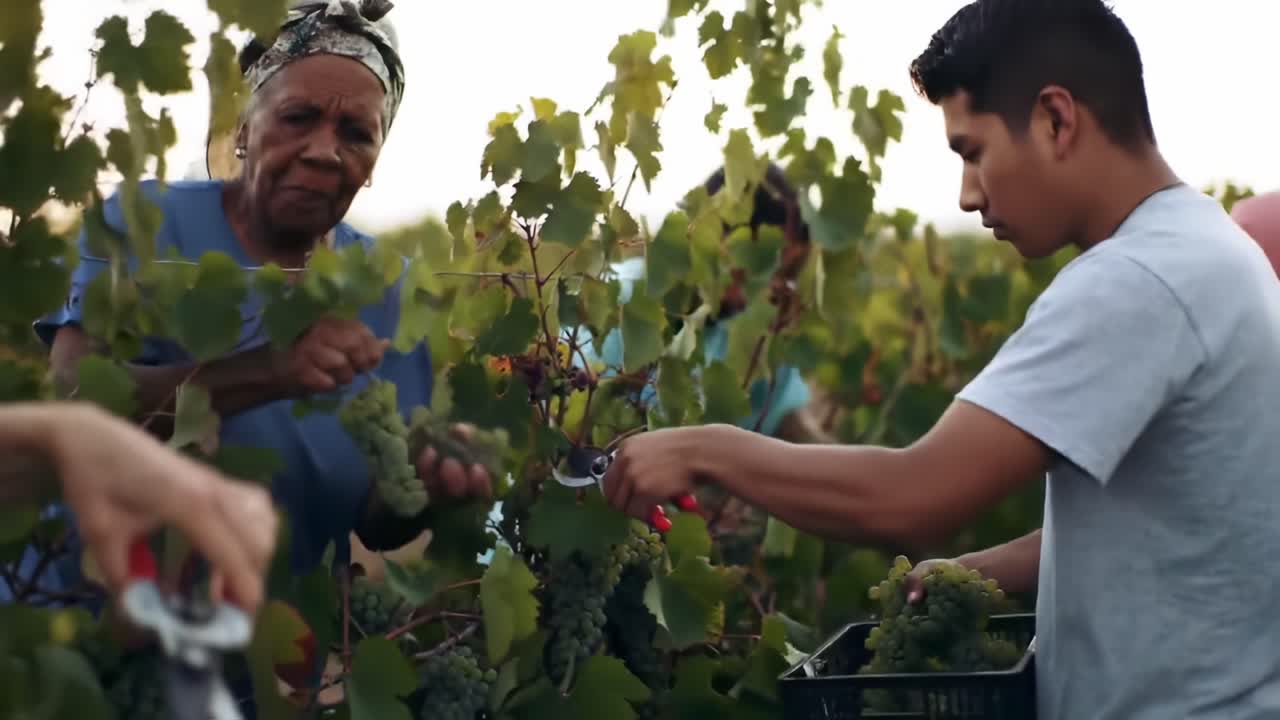 Druiven oogsten in een wijngaard tijdens zonsondergang met een diverse groep werknemers