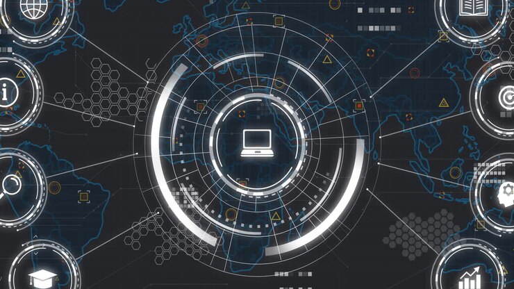 Digital network and data processing animation over world map background