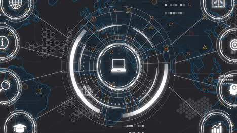 digital network and data processing animation over world map background