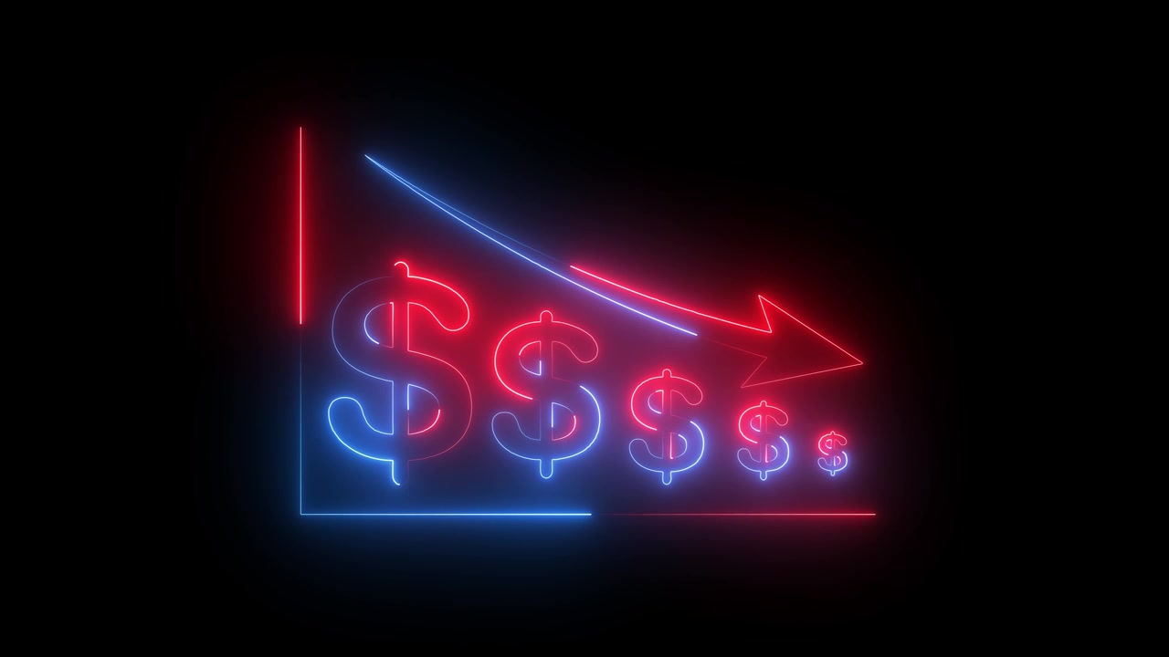 Animazione al neon luminoso di controllo qualità e riduzione dei costi aziendali isolata su sfondo nero