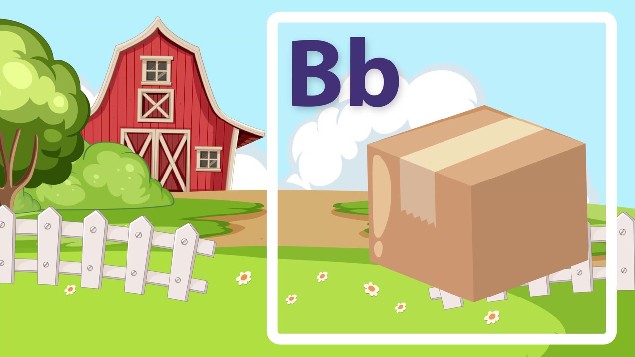 Animated educational graphic showing the letter B and a cardboard box over a farm background.