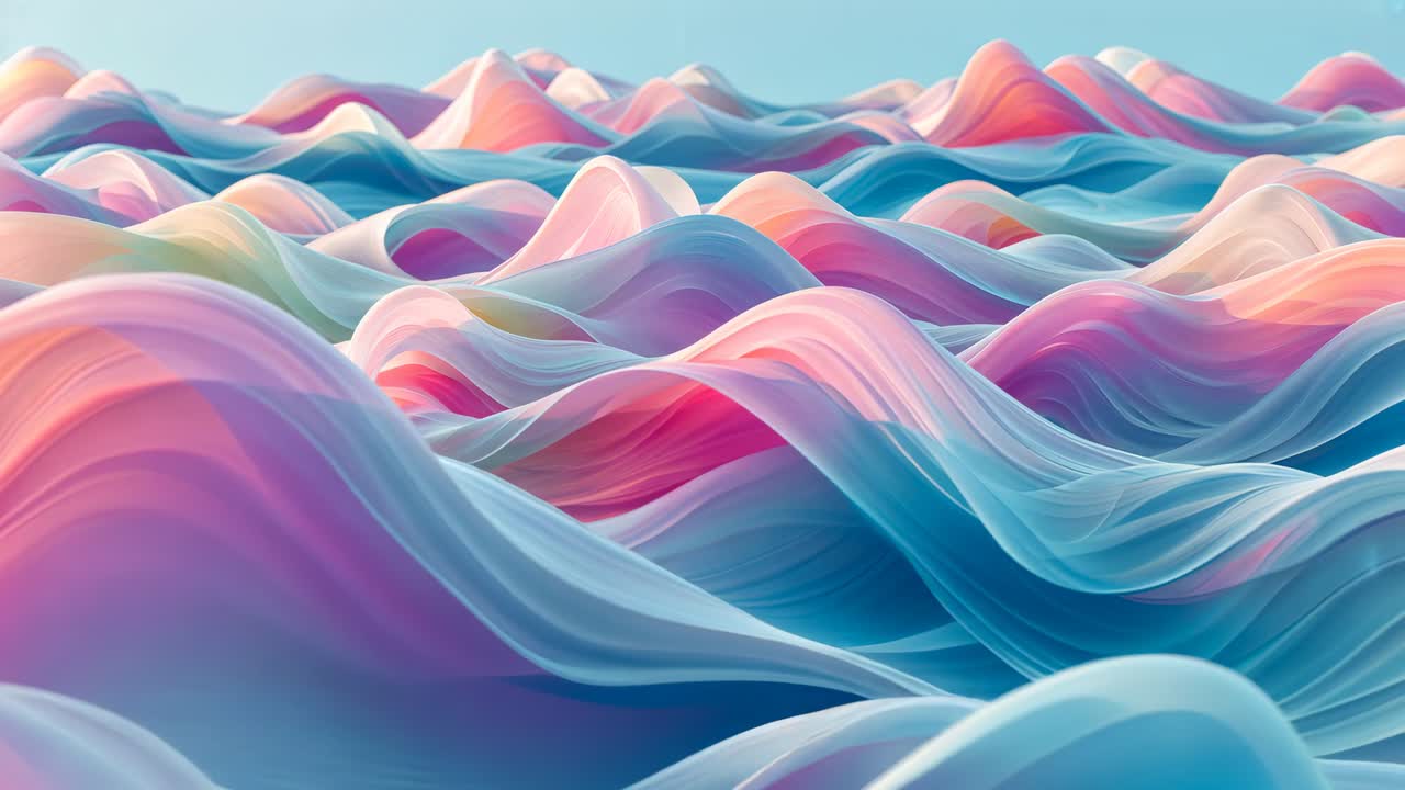 Undulating abstract pastel waveforms toward viewer in digital landscape from start, creating flow