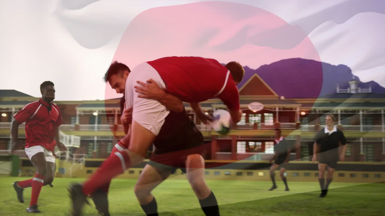 In school, rugby players running on field with flag overlay and animation