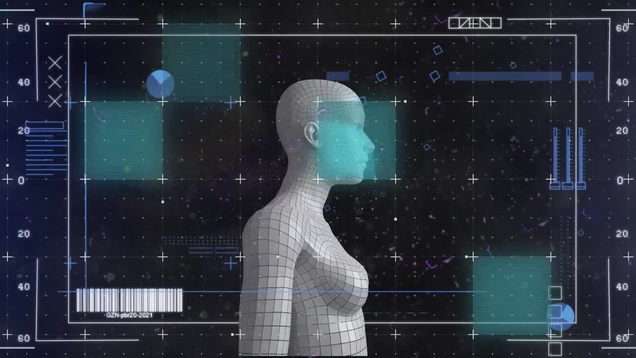 animación de la cuadrícula con marcadores y procesamiento de datos sobre el cuerpo humano