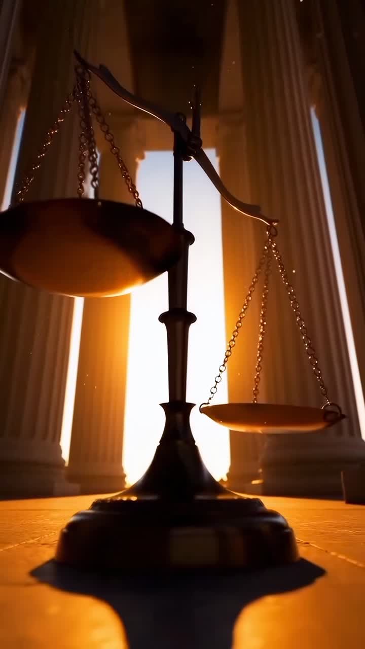 Video dal basso della bilancia della giustizia stagliata contro il tramonto, incorniciata da colonne.