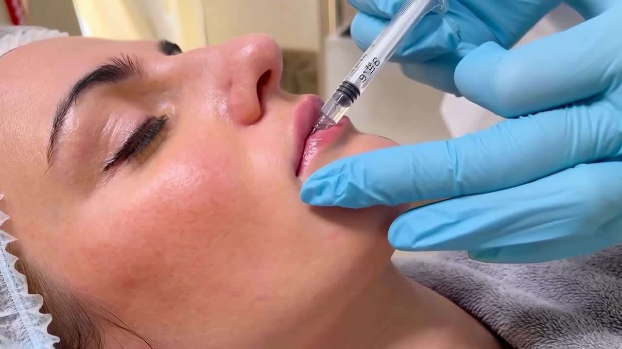 Vídeo em close-up de um procedimento estético, mostrando uma seringa injetando lábios em um ângulo lateral.