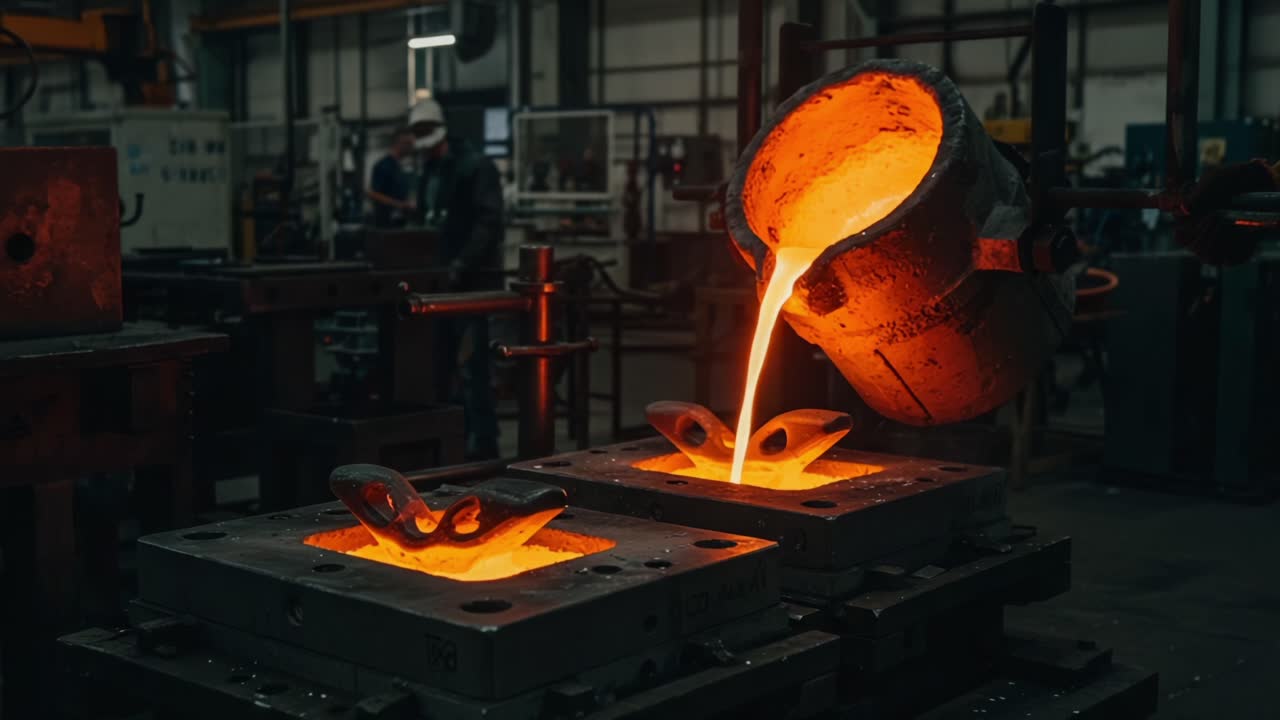 Intense Metal Casting Process: Molten Metal Poured into Molds in a Manufacturing Environment with Workers and Industrial Equipment in the Background